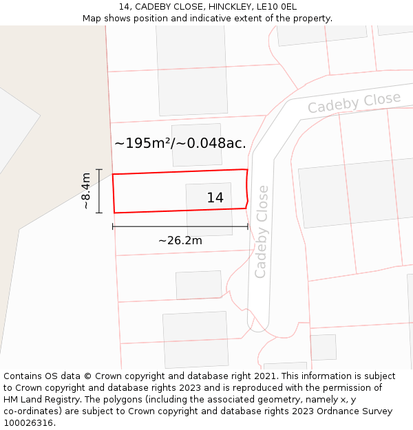 14, CADEBY CLOSE, HINCKLEY, LE10 0EL: Plot and title map