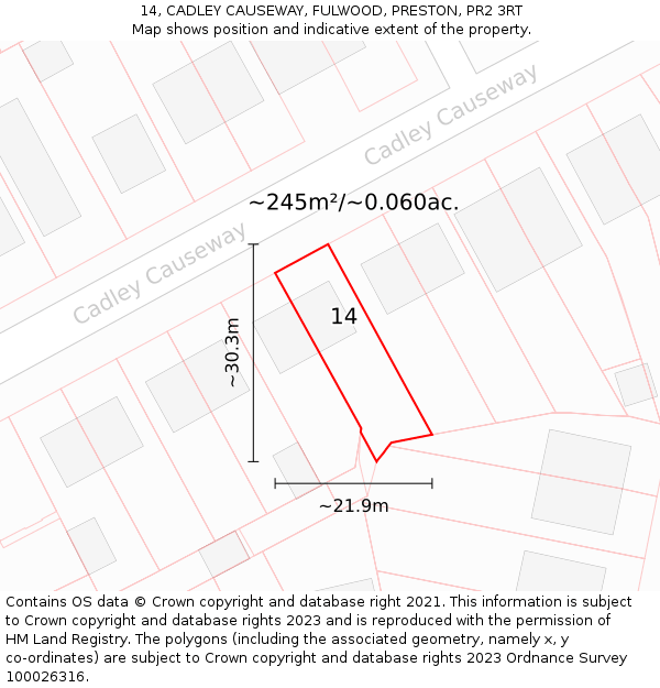 14, CADLEY CAUSEWAY, FULWOOD, PRESTON, PR2 3RT: Plot and title map