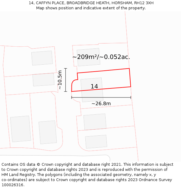 14, CAFFYN PLACE, BROADBRIDGE HEATH, HORSHAM, RH12 3XH: Plot and title map