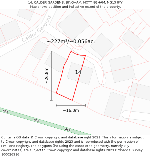 14, CALDER GARDENS, BINGHAM, NOTTINGHAM, NG13 8YY: Plot and title map