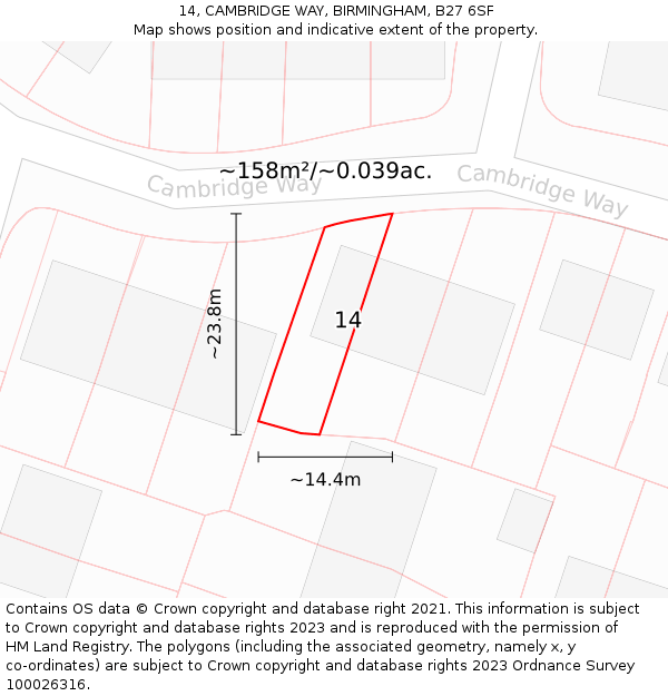 14, CAMBRIDGE WAY, BIRMINGHAM, B27 6SF: Plot and title map