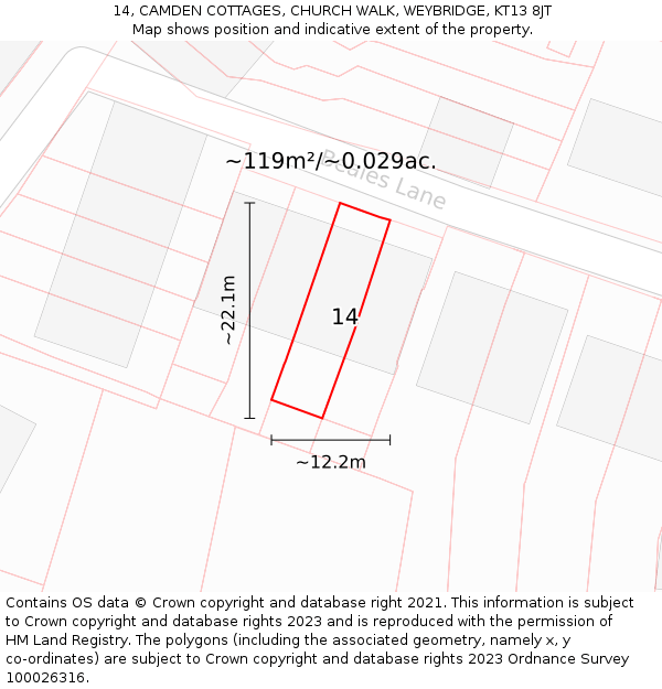 14, CAMDEN COTTAGES, CHURCH WALK, WEYBRIDGE, KT13 8JT: Plot and title map