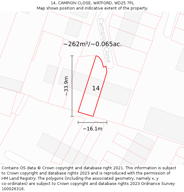 14, CAMPION CLOSE, WATFORD, WD25 7PL: Plot and title map