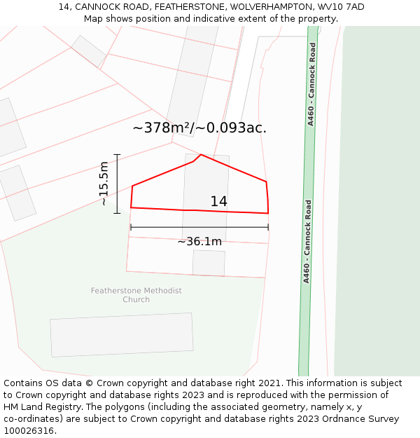 14, CANNOCK ROAD, FEATHERSTONE, WOLVERHAMPTON, WV10 7AD: Plot and title map