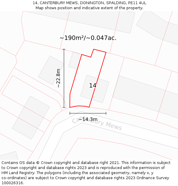 14, CANTERBURY MEWS, DONINGTON, SPALDING, PE11 4UL: Plot and title map