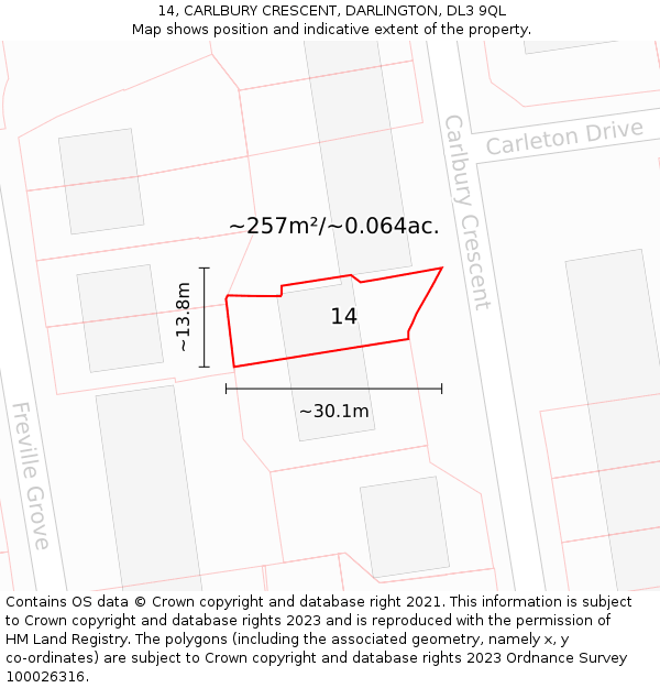 14, CARLBURY CRESCENT, DARLINGTON, DL3 9QL: Plot and title map