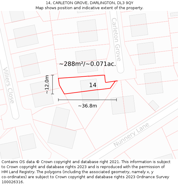 14, CARLETON GROVE, DARLINGTON, DL3 9QY: Plot and title map