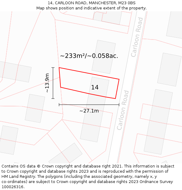 14, CARLOON ROAD, MANCHESTER, M23 0BS: Plot and title map