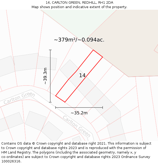 14, CARLTON GREEN, REDHILL, RH1 2DA: Plot and title map