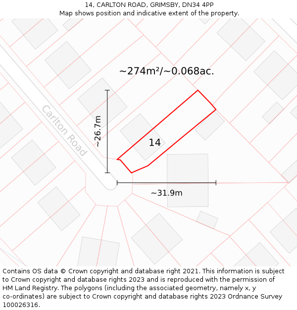14, CARLTON ROAD, GRIMSBY, DN34 4PP: Plot and title map