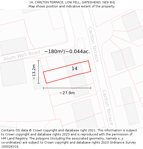 14, CARLTON TERRACE, LOW FELL, GATESHEAD, NE9 6HJ: Plot and title map