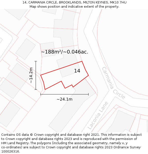 14, CARMANIA CIRCLE, BROOKLANDS, MILTON KEYNES, MK10 7HU: Plot and title map