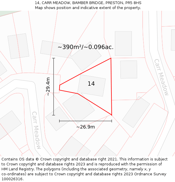 14, CARR MEADOW, BAMBER BRIDGE, PRESTON, PR5 8HS: Plot and title map