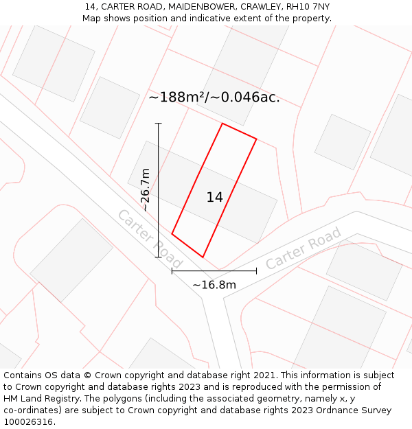 14, CARTER ROAD, MAIDENBOWER, CRAWLEY, RH10 7NY: Plot and title map