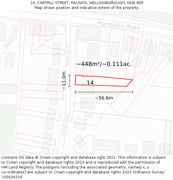 14, CARTRILL STREET, RAUNDS, WELLINGBOROUGH, NN9 6ER: Plot and title map