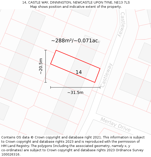 14, CASTLE WAY, DINNINGTON, NEWCASTLE UPON TYNE, NE13 7LS: Plot and title map