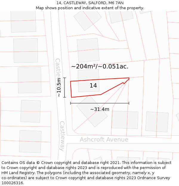 14, CASTLEWAY, SALFORD, M6 7AN: Plot and title map