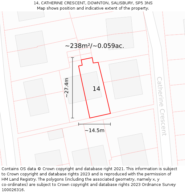 14, CATHERINE CRESCENT, DOWNTON, SALISBURY, SP5 3NS: Plot and title map