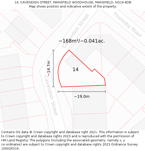 14, CAVENDISH STREET, MANSFIELD WOODHOUSE, MANSFIELD, NG19 8DB: Plot and title map