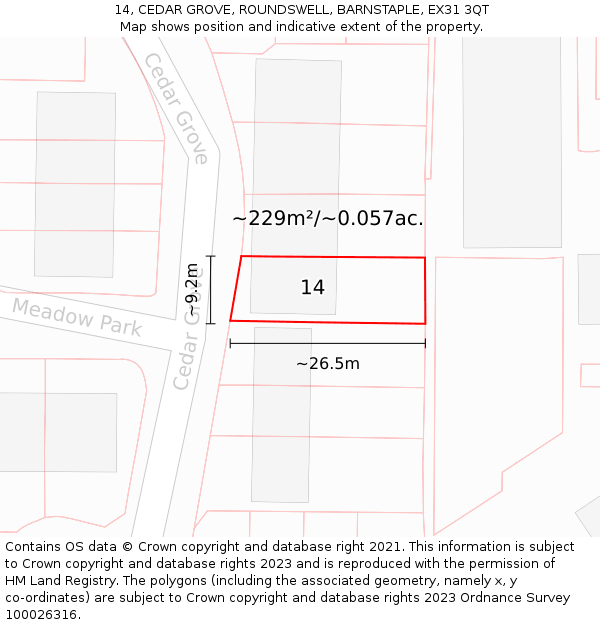 14, CEDAR GROVE, ROUNDSWELL, BARNSTAPLE, EX31 3QT: Plot and title map