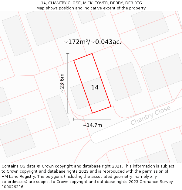 14, CHANTRY CLOSE, MICKLEOVER, DERBY, DE3 0TG: Plot and title map