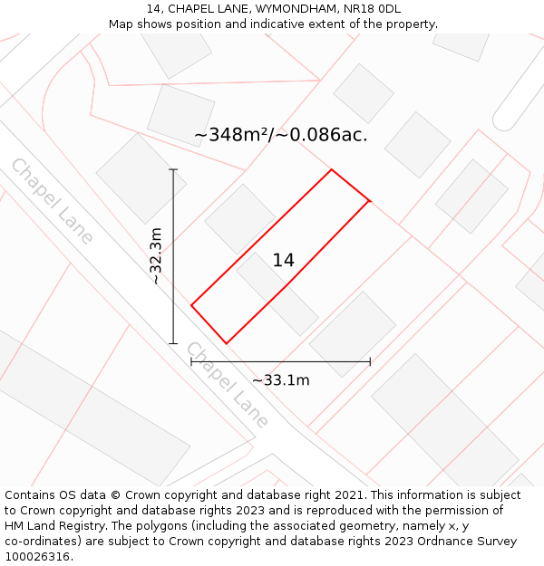 14, CHAPEL LANE, WYMONDHAM, NR18 0DL: Plot and title map