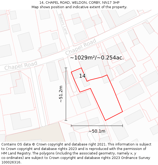 14, CHAPEL ROAD, WELDON, CORBY, NN17 3HP: Plot and title map