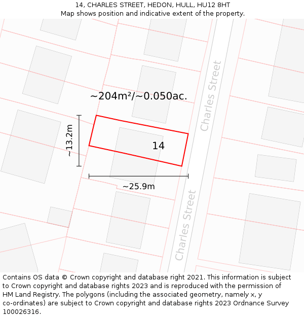 14, CHARLES STREET, HEDON, HULL, HU12 8HT: Plot and title map