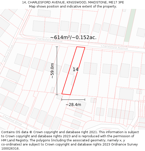 14, CHARLESFORD AVENUE, KINGSWOOD, MAIDSTONE, ME17 3PE: Plot and title map