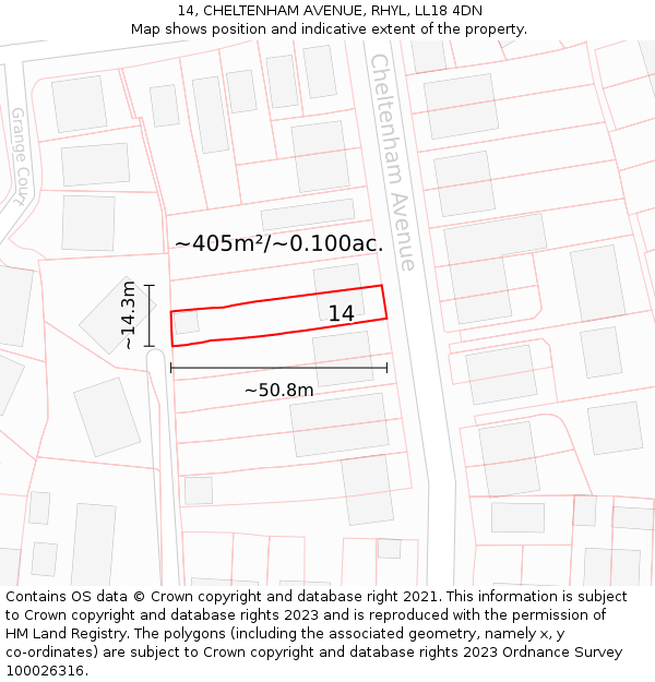 14, CHELTENHAM AVENUE, RHYL, LL18 4DN: Plot and title map