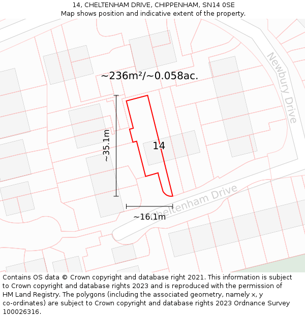 14, CHELTENHAM DRIVE, CHIPPENHAM, SN14 0SE: Plot and title map