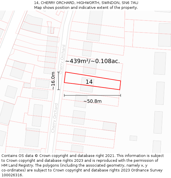 14, CHERRY ORCHARD, HIGHWORTH, SWINDON, SN6 7AU: Plot and title map