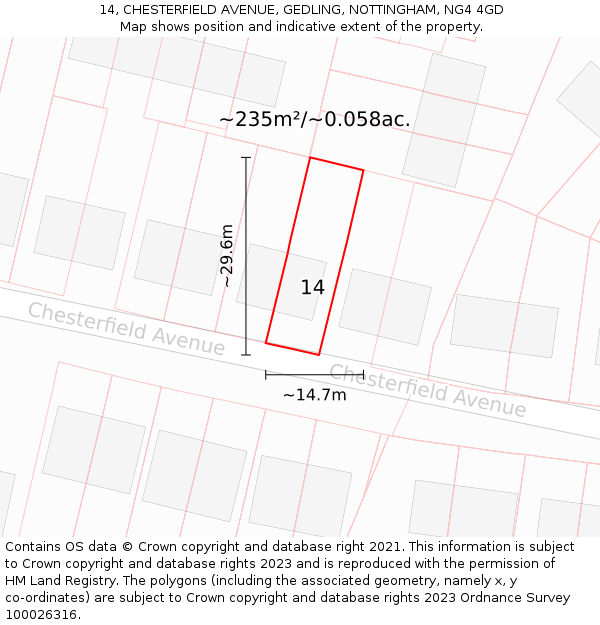 14, CHESTERFIELD AVENUE, GEDLING, NOTTINGHAM, NG4 4GD: Plot and title map