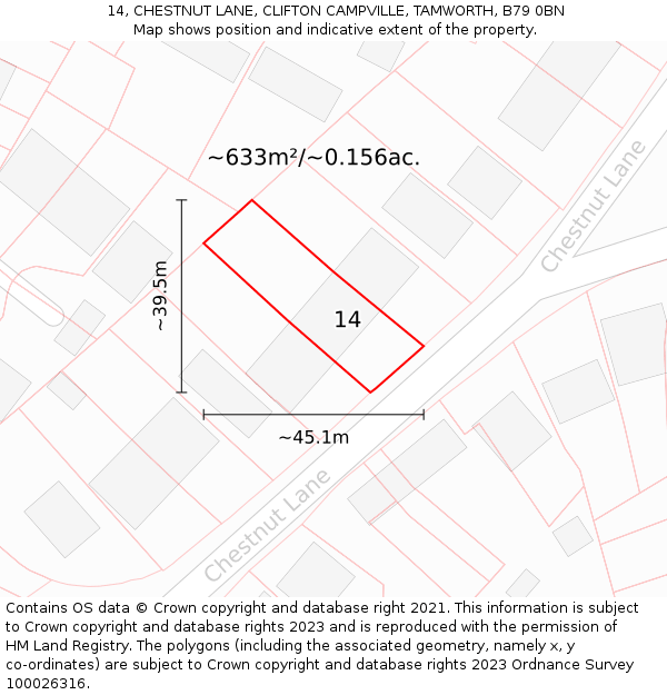 14, CHESTNUT LANE, CLIFTON CAMPVILLE, TAMWORTH, B79 0BN: Plot and title map