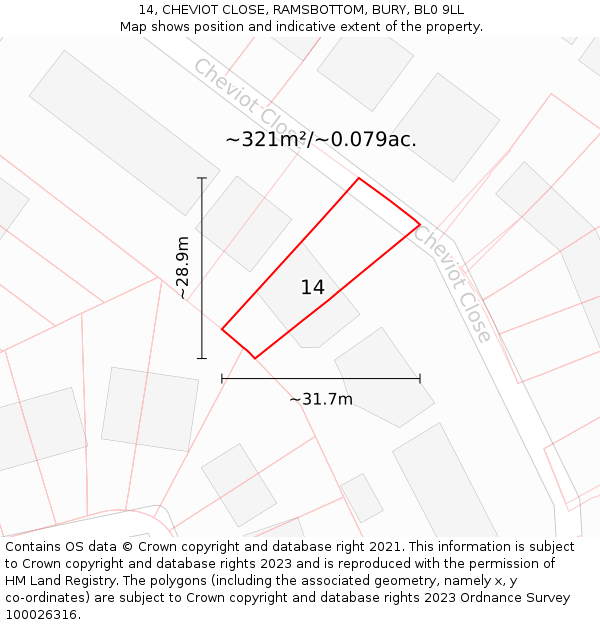 14, CHEVIOT CLOSE, RAMSBOTTOM, BURY, BL0 9LL: Plot and title map