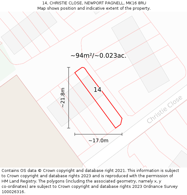 14, CHRISTIE CLOSE, NEWPORT PAGNELL, MK16 8RU: Plot and title map