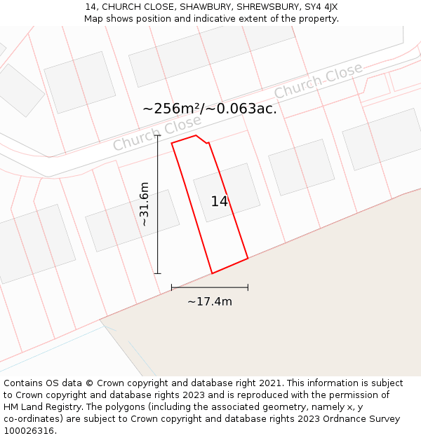 14, CHURCH CLOSE, SHAWBURY, SHREWSBURY, SY4 4JX: Plot and title map