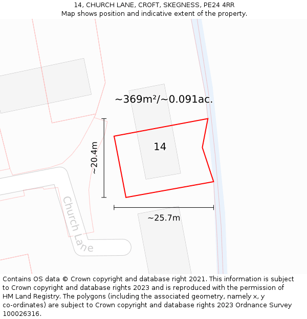 14, CHURCH LANE, CROFT, SKEGNESS, PE24 4RR: Plot and title map