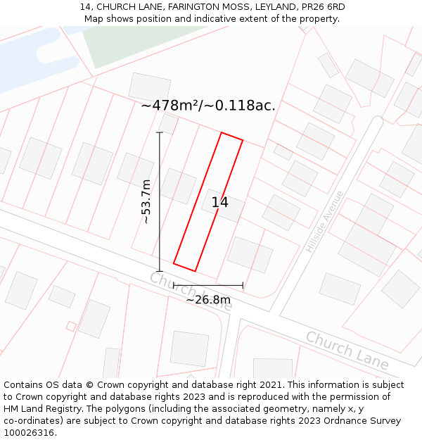 14, CHURCH LANE, FARINGTON MOSS, LEYLAND, PR26 6RD: Plot and title map