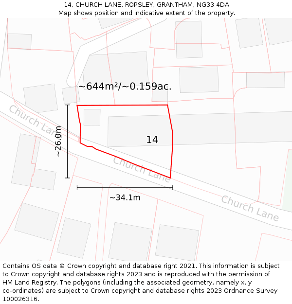 14, CHURCH LANE, ROPSLEY, GRANTHAM, NG33 4DA: Plot and title map