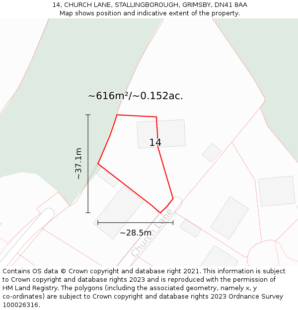 14, CHURCH LANE, STALLINGBOROUGH, GRIMSBY, DN41 8AA: Plot and title map