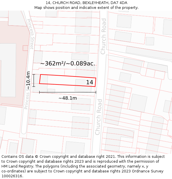 14, CHURCH ROAD, BEXLEYHEATH, DA7 4DA: Plot and title map