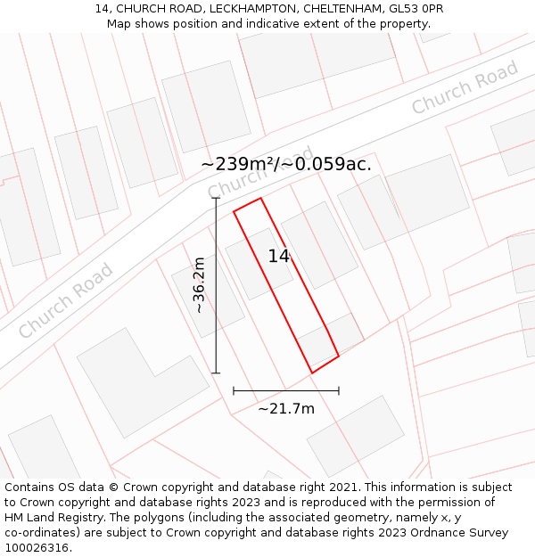 14, CHURCH ROAD, LECKHAMPTON, CHELTENHAM, GL53 0PR: Plot and title map