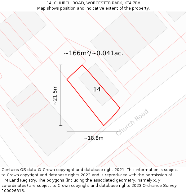 14, CHURCH ROAD, WORCESTER PARK, KT4 7RA: Plot and title map