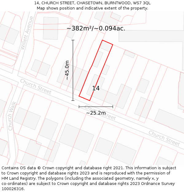 14, CHURCH STREET, CHASETOWN, BURNTWOOD, WS7 3QL: Plot and title map