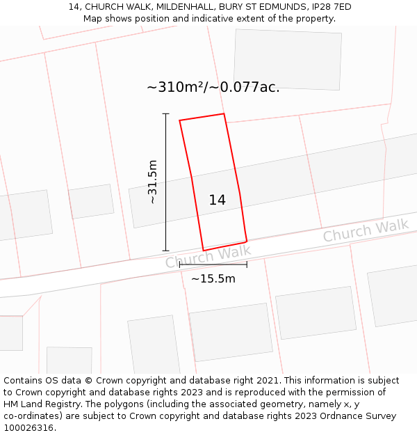 14, CHURCH WALK, MILDENHALL, BURY ST EDMUNDS, IP28 7ED: Plot and title map