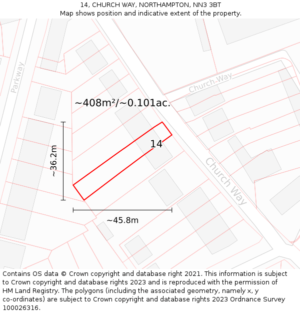 14, CHURCH WAY, NORTHAMPTON, NN3 3BT: Plot and title map