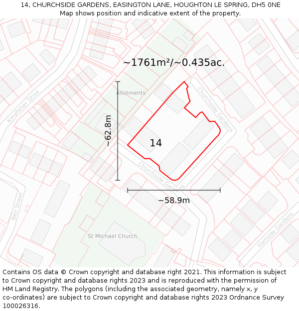 14, CHURCHSIDE GARDENS, EASINGTON LANE, HOUGHTON LE SPRING, DH5 0NE: Plot and title map