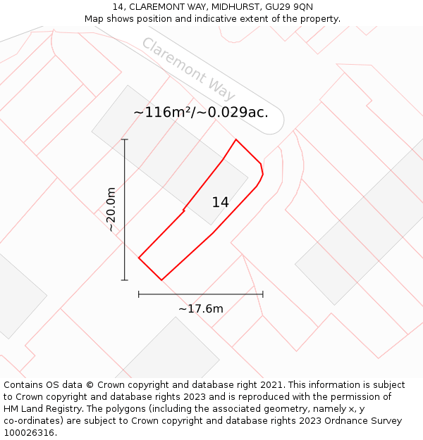 14, CLAREMONT WAY, MIDHURST, GU29 9QN: Plot and title map