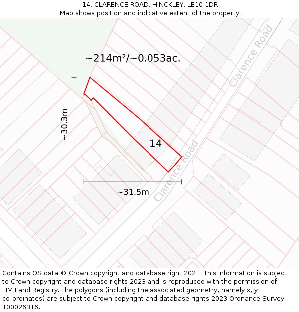 14, CLARENCE ROAD, HINCKLEY, LE10 1DR: Plot and title map